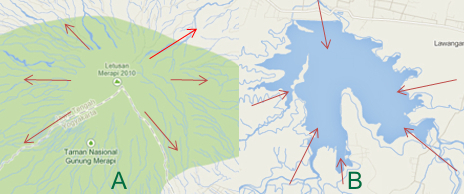 Gambar: Aliran sungai a) radial sentrifugal, b) radial sentripetal. Garis merah menunjukan arah aliran air (Sumber: google map)