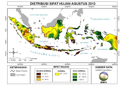 Gambar: Distribusi sifat hujan di Indonesia dimana setiap tempat memiliki curah hujan yang berbeda sehingga dapat mempengaruhi persebaran flora di Indonesia (Sumber: BMKG)