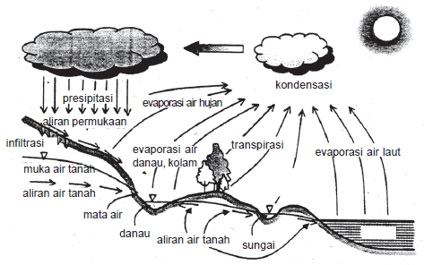 Gambar: Siklus air/ hidrologi (Sumber: Suripin, , Pelestarian Sumberdaya Tanah, 2002, halaman 134)