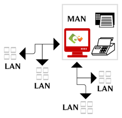 Jaringan MAN yang terdiri dari beberapa jaringan LAN dalam satu kota.